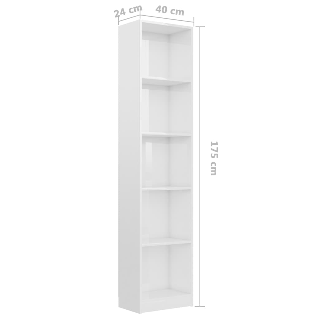 vidaXL Knihovna s 5 policemi bílá vysoký lesk 40x24x175 cm dřevotříska