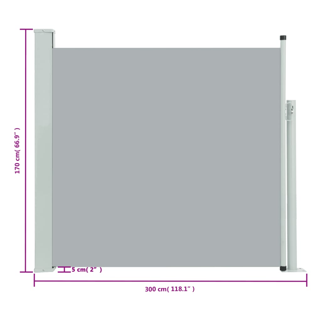vidaXL Zatahovací boční markýza 170 x 300 cm šedá