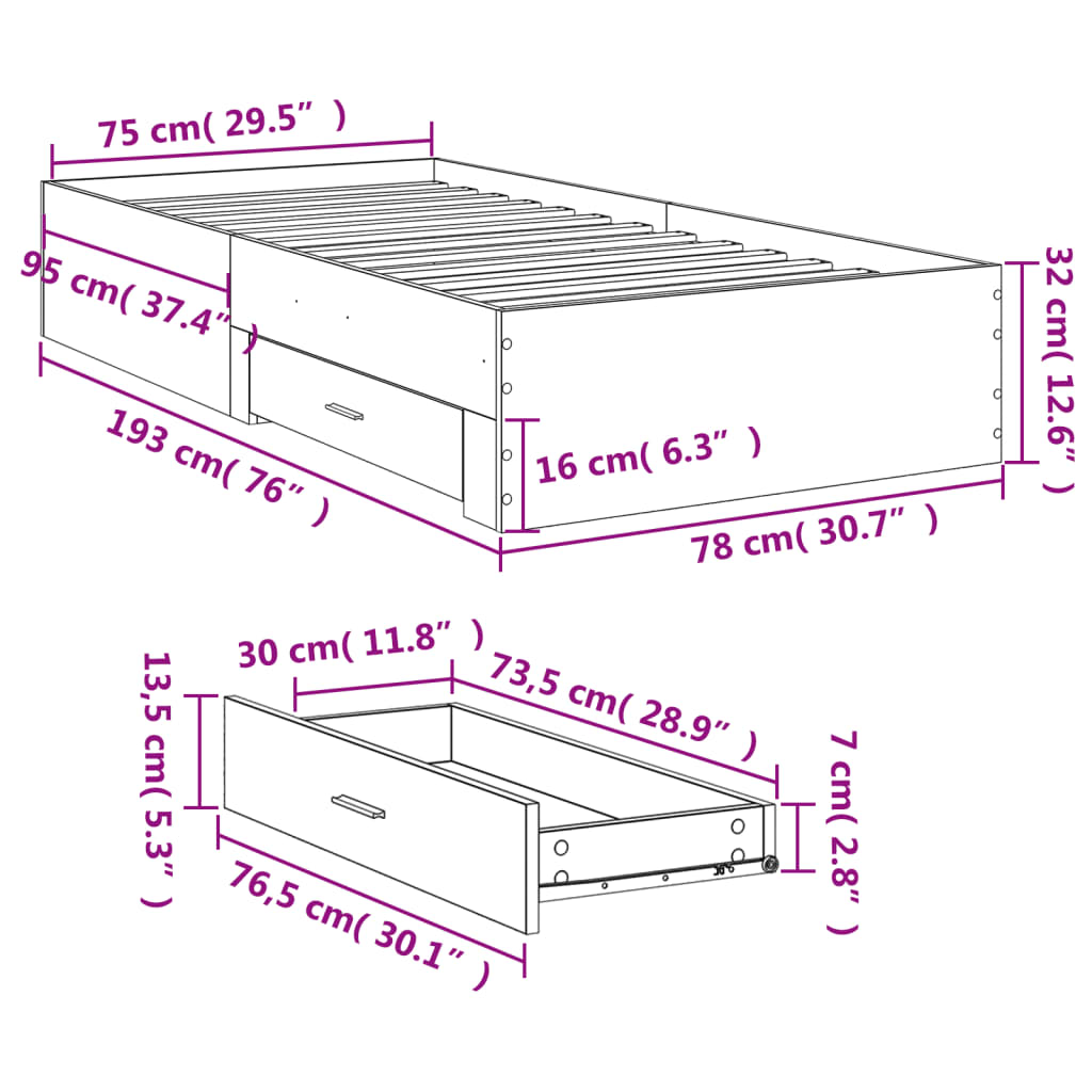 vidaXL Rám postele se zásuvkami dub sonoma 90x190 cm kompozitní dřevo
