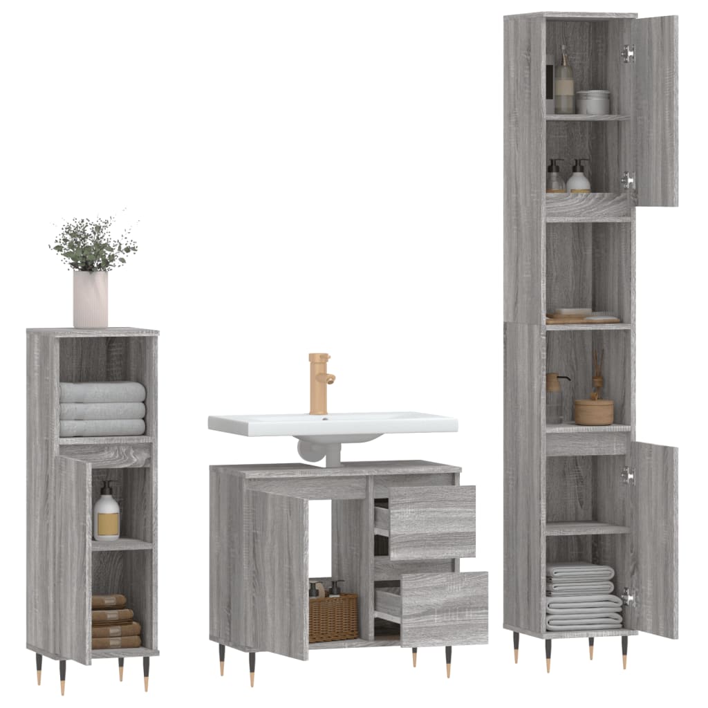 vidaXL 3dílný set koupelnového nábytku šedý sonoma kompozitní dřevo