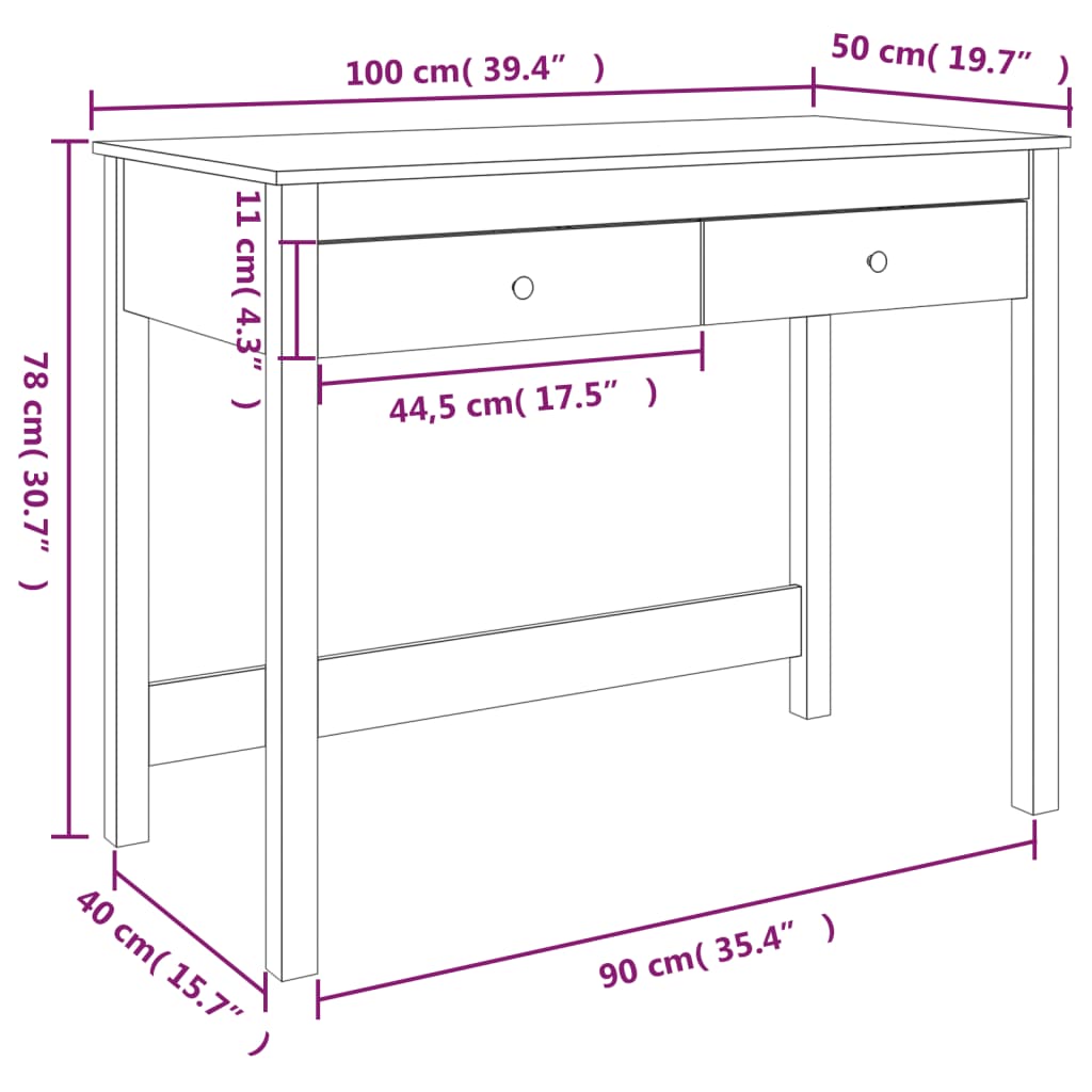 vidaXL Psací stůl se zásuvkami bílý 100x50x78 cm masivní borové dřevo