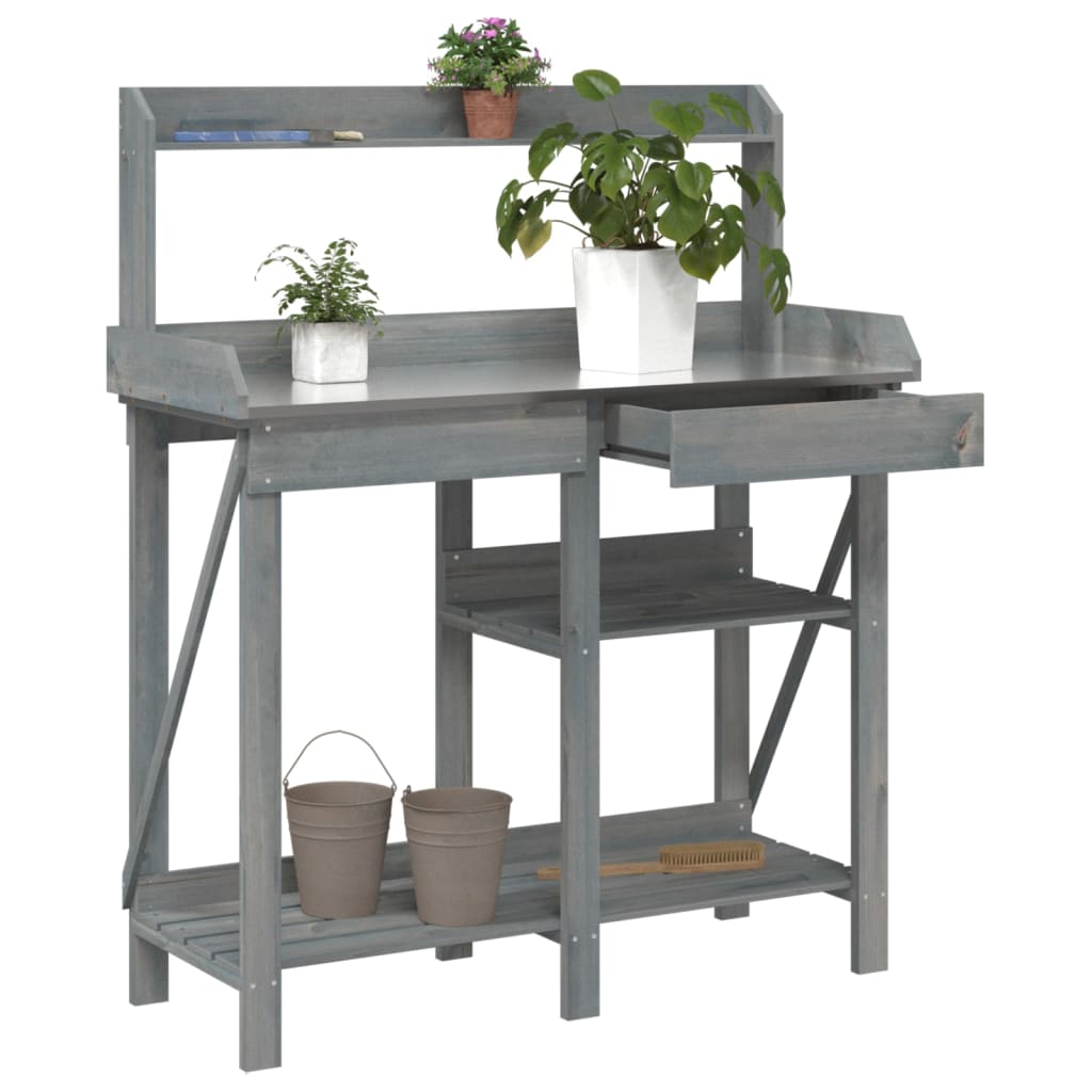 vidaXL Přesazovací stolek s policemi šedý masivní jedlové dřevo