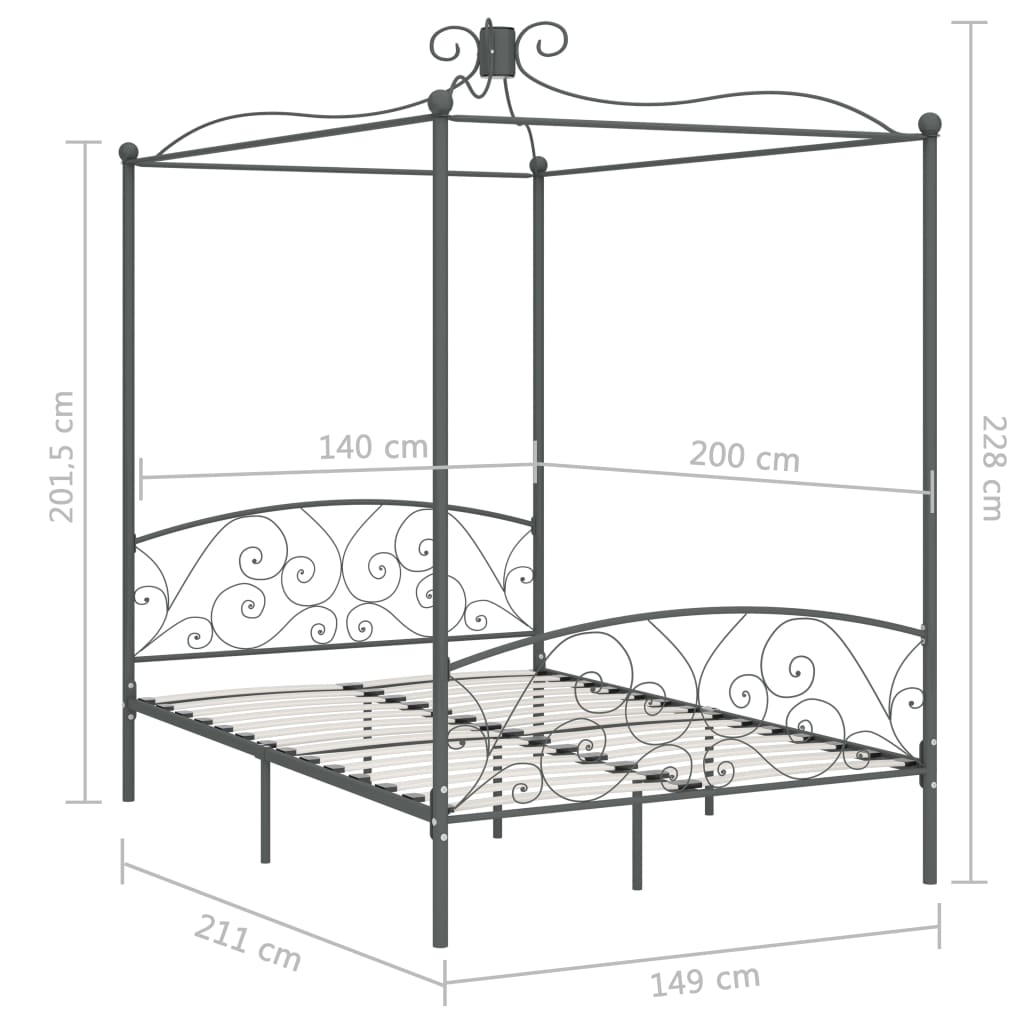 vidaXL Rám postele s nebesy šedý kovový 140 x 200 cm
