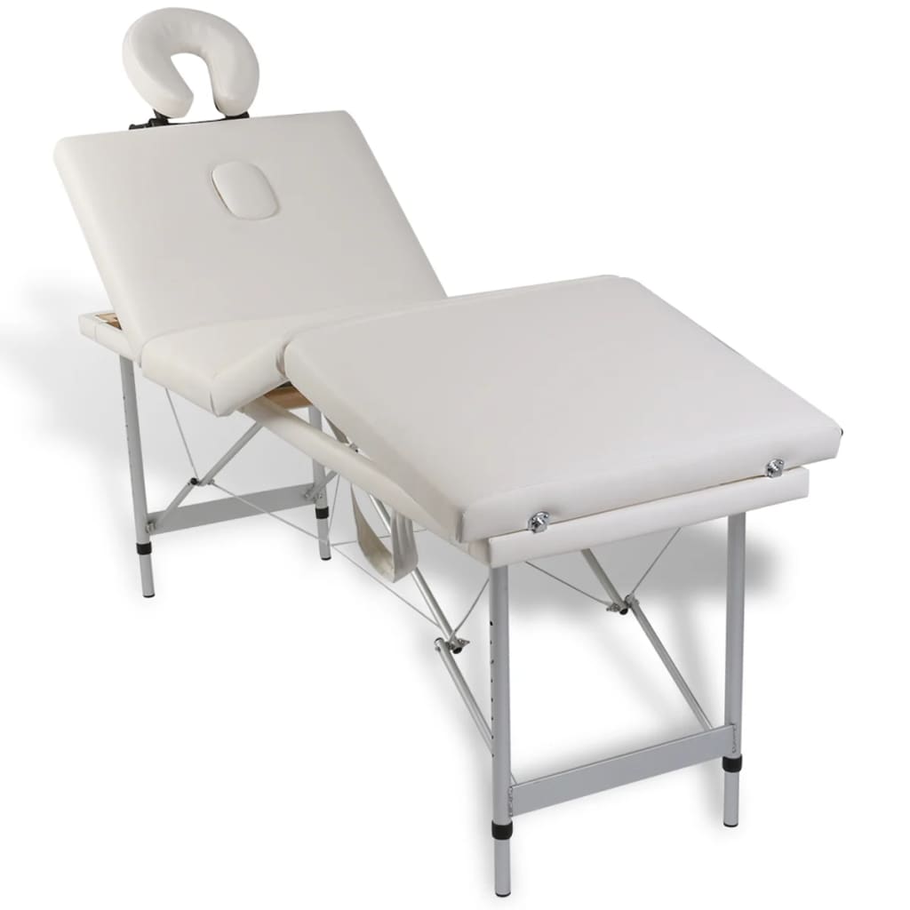 Krémově bílý skládací masážní stůl se 4 zónami a hliníkový rám