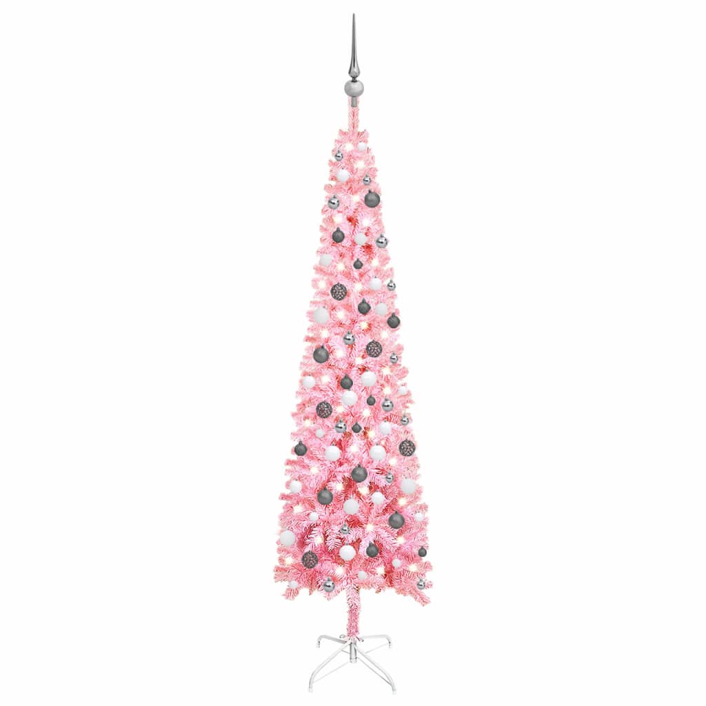 vidaXL Úzký vánoční stromek s LED a sadou koulí růžový 210 cm