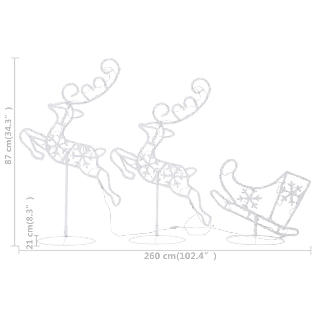 vidaXL Akryloví vánoční létající sobi a sáně 260x21x87 cm studení bílí