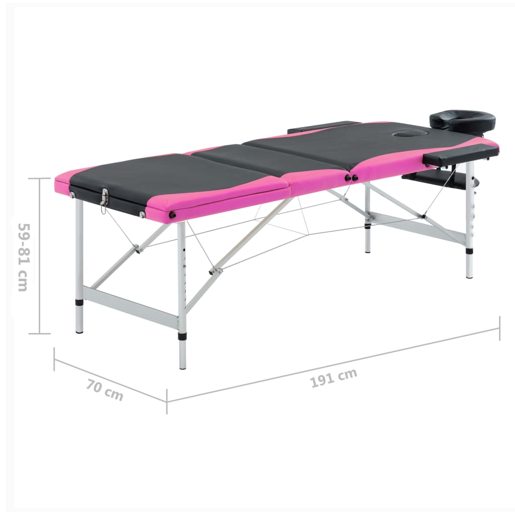 vidaXL Skládací masážní stůl se 3 zónami hliník černý a růžový
