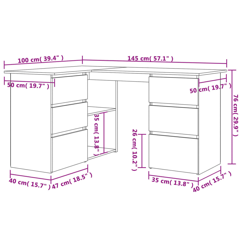 vidaXL Rohový psací stůl bílý vysoký lesk 145x100x76 cm dřevotříska