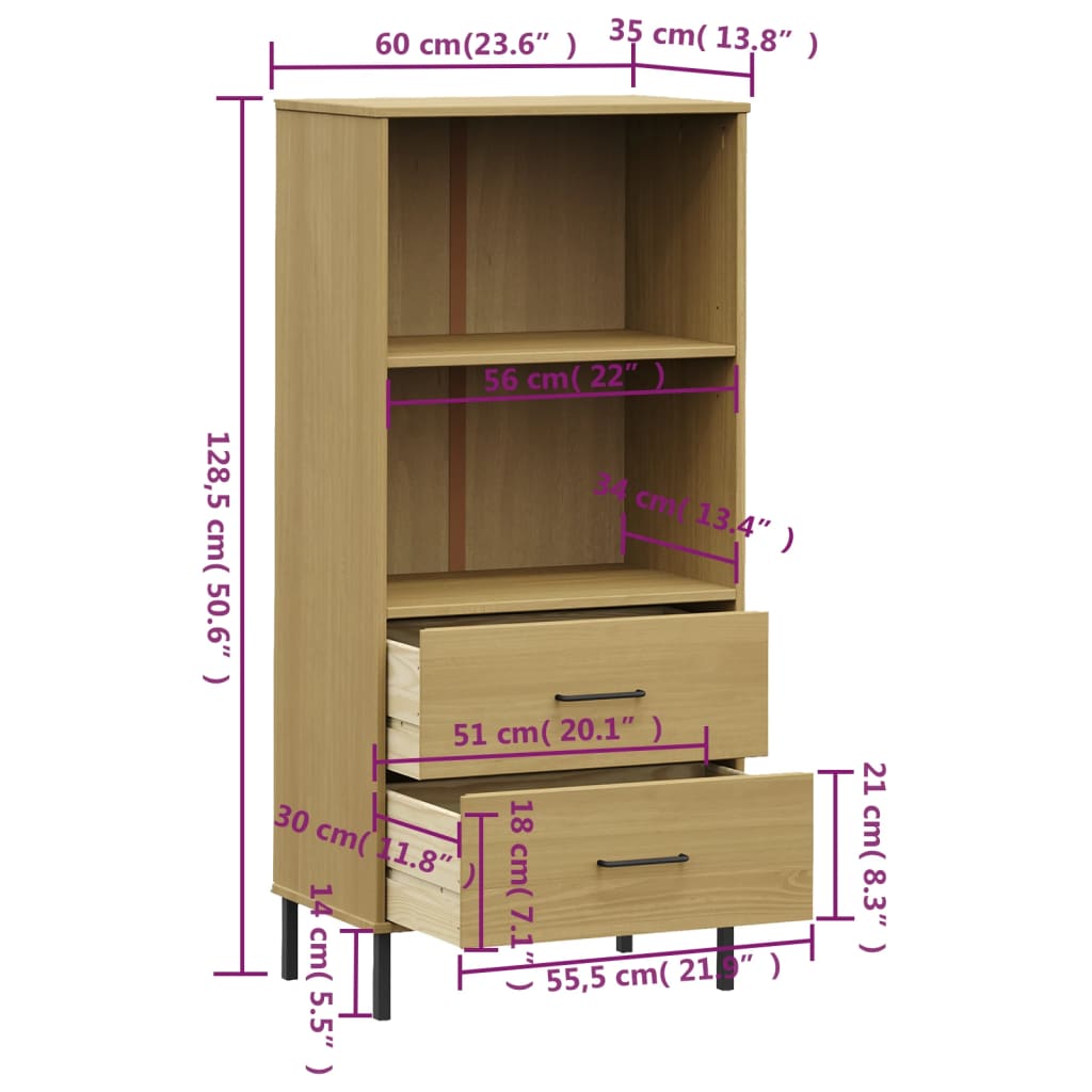 vidaXL Knihovna se 2 zásuvkami hnědá 60x35x128,5 cm masivní dřevo OSLO