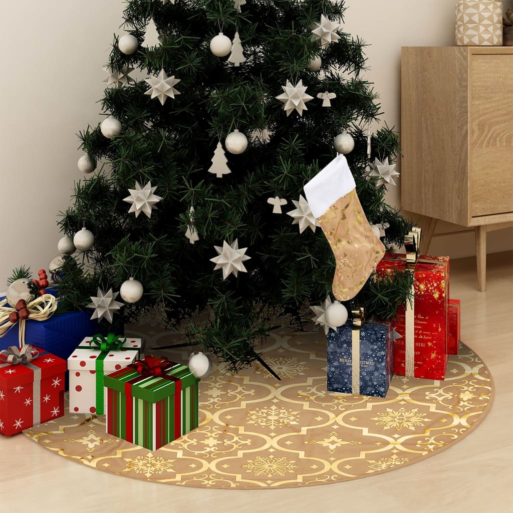 vidaXL Luxusní podložka pod vánoční stromek s punčochou žlutá 122 cm