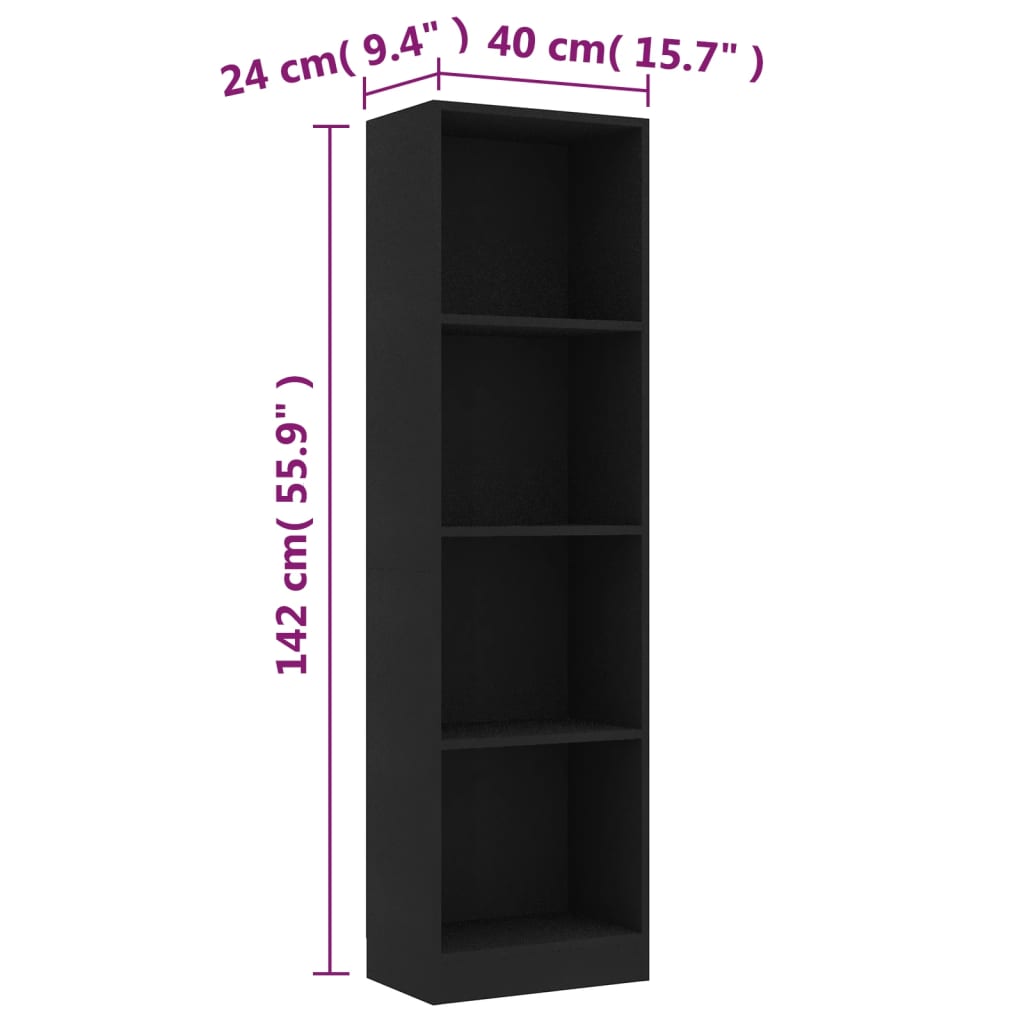 vidaXL Knihovna se 4 policemi černá 40 x 24 x 142 cm dřevotříska