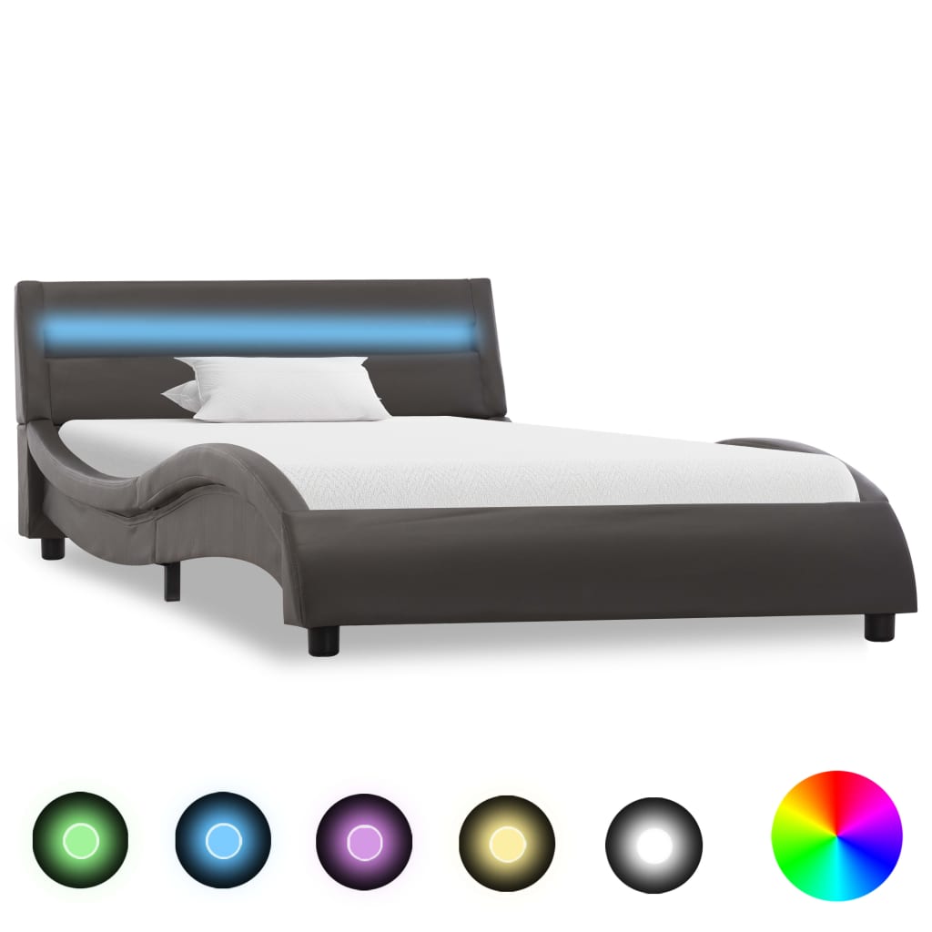 vidaXL Rám postele s LED světlem šedý umělá kůže 90 x 200 cm