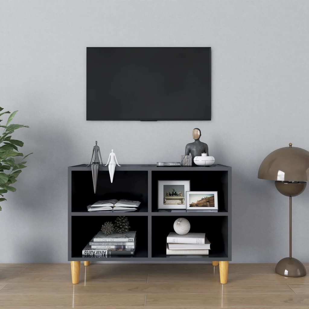 vidaXL TV stolek nohy z masivního dřeva šedý vysoký lesk 69,5x30x50 cm