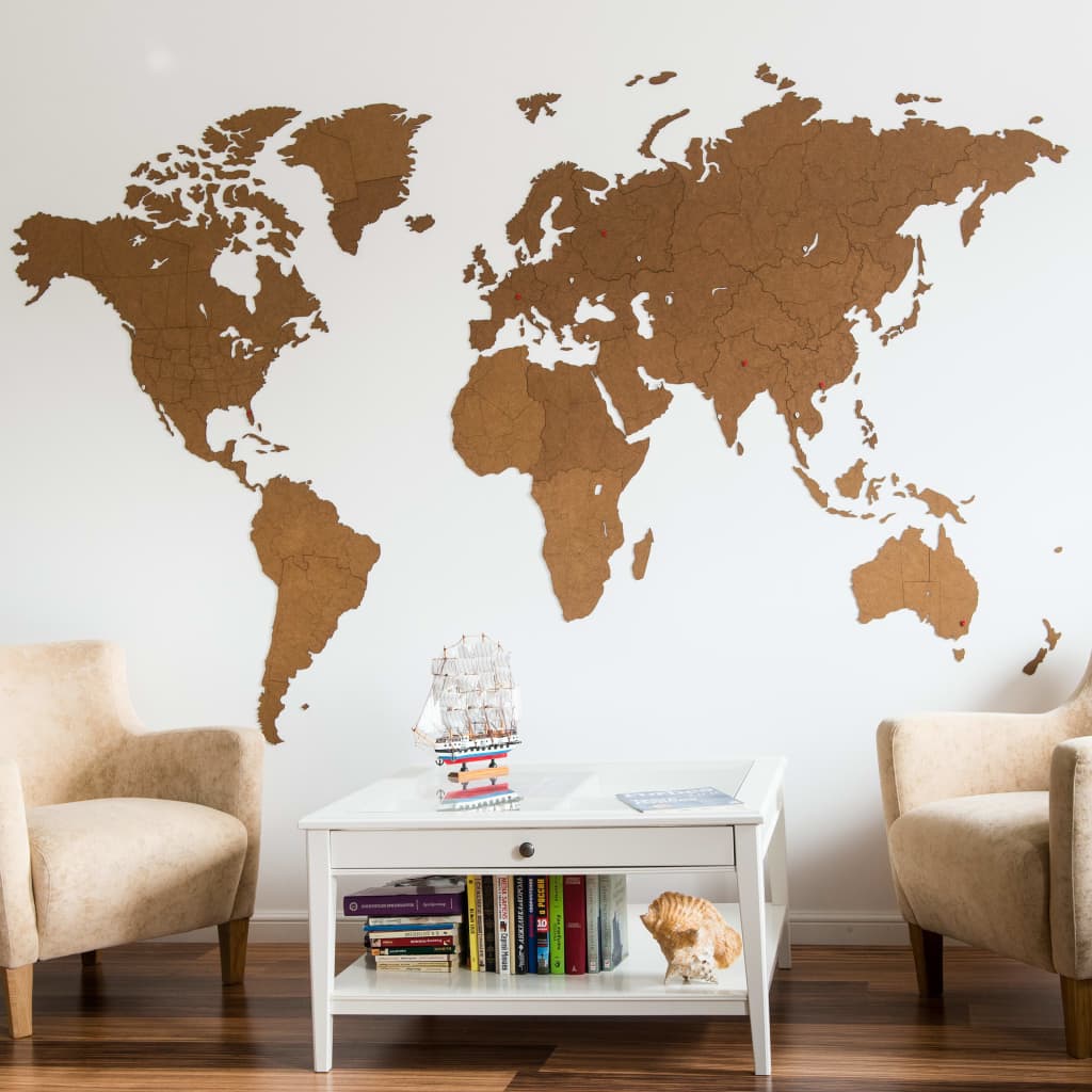MiMi Innovations Dřevěná nástěnná mapa světa Giant hnědá 280 x 170 cm