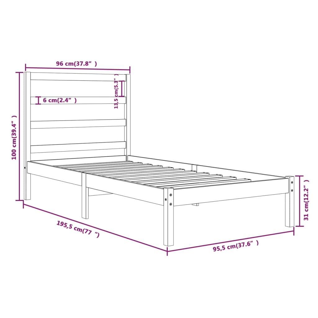 vidaXL Rám postele černý masivní dřevo 90 x 190 cm jednolůžko