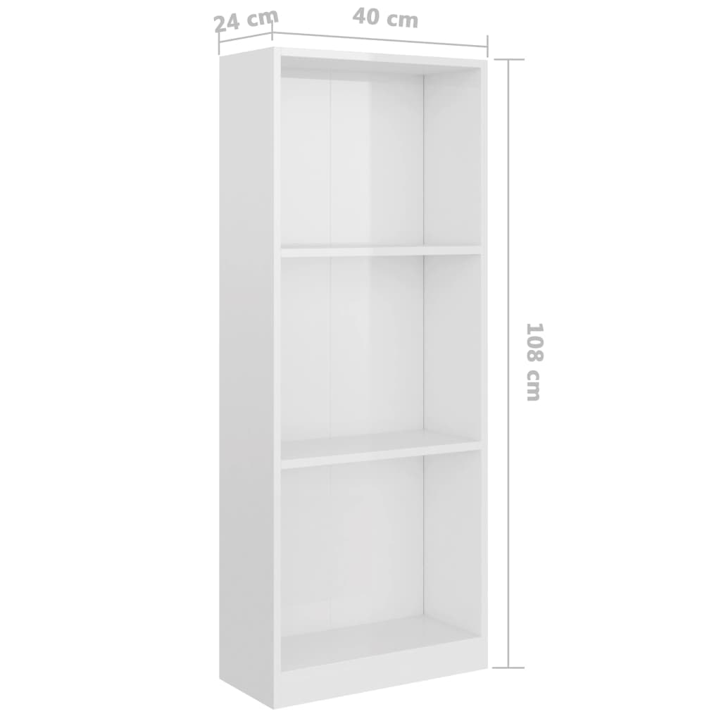 vidaXL 3patrová knihovna bílá vysoký lesk 40 x 24 x 108 cm dřevotříska