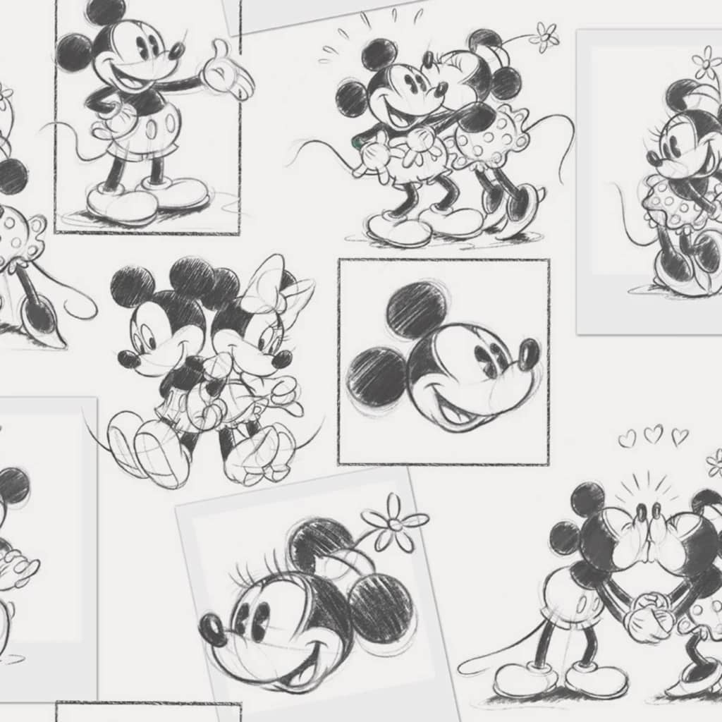 Kids at Home Tapeta Mickey and Minnie skica černobílá