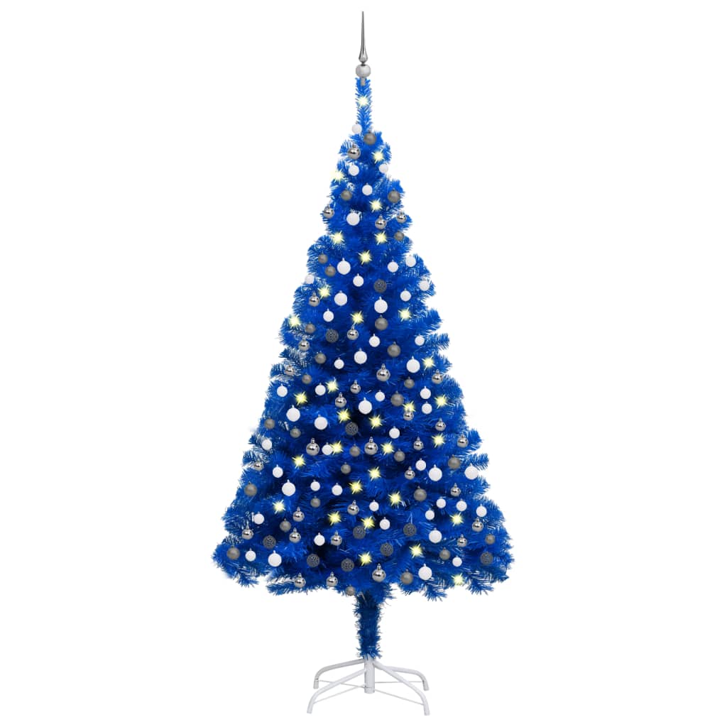 vidaXL Umělý vánoční stromek s LED a sadou koulí modrý 240 cm PVC
