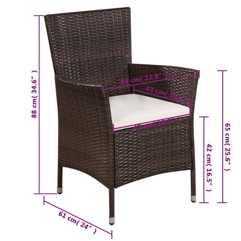 vidaXL Zahradní židle a stolička s poduškami polyratan hnědé