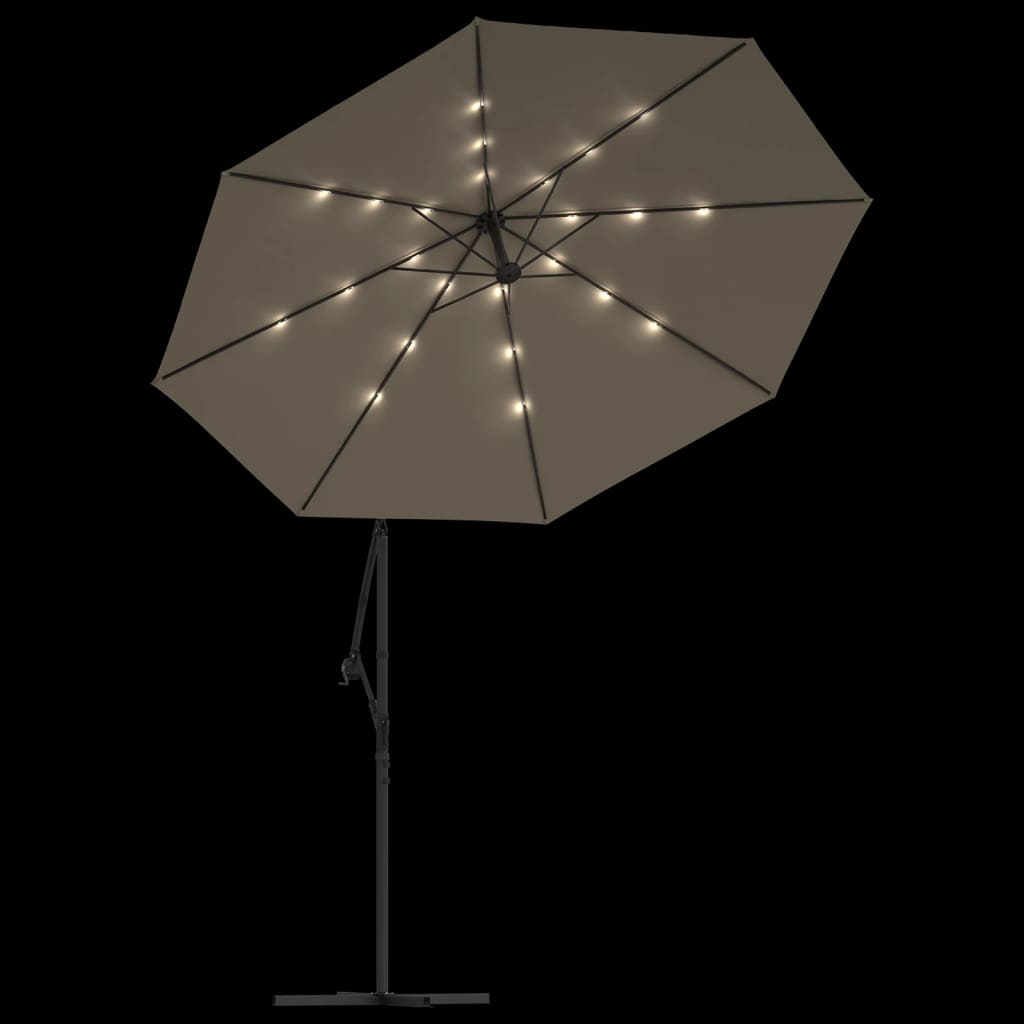 vidaXL Konzolový slunečník s LED světly ocelová tyč 300 cm barva taupe