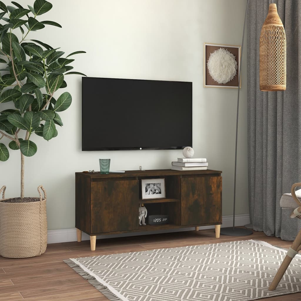 vidaXL TV skříňka s nohami z masivního dřeva kouřový dub 103,5x35x50cm