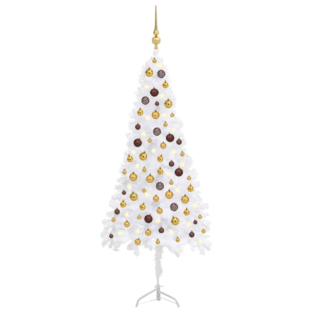 vidaXL Rohový umělý vánoční stromek LED a sada koulí bílý 150 cm PVC