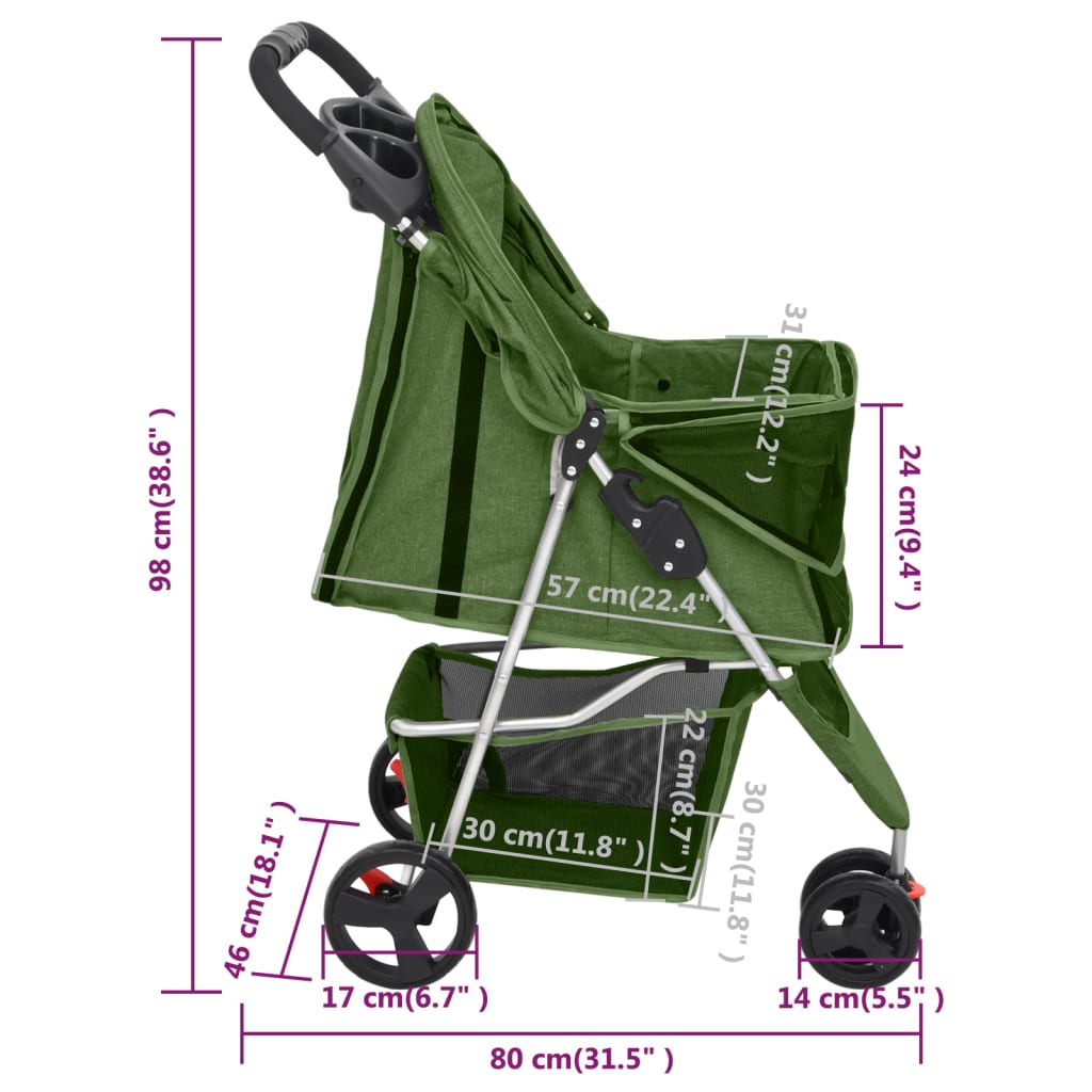 vidaXL Skládací kočárek pro psa zelený 80x46x98 cm oxfordská tkanina
