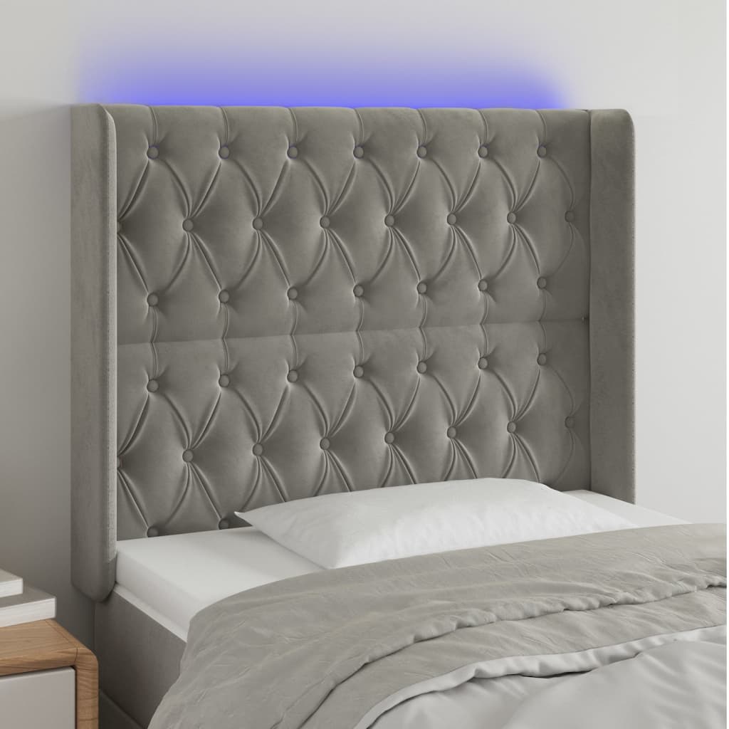 vidaXL Čelo postele s LED světle šedé 93x16x118/128 cm samet
