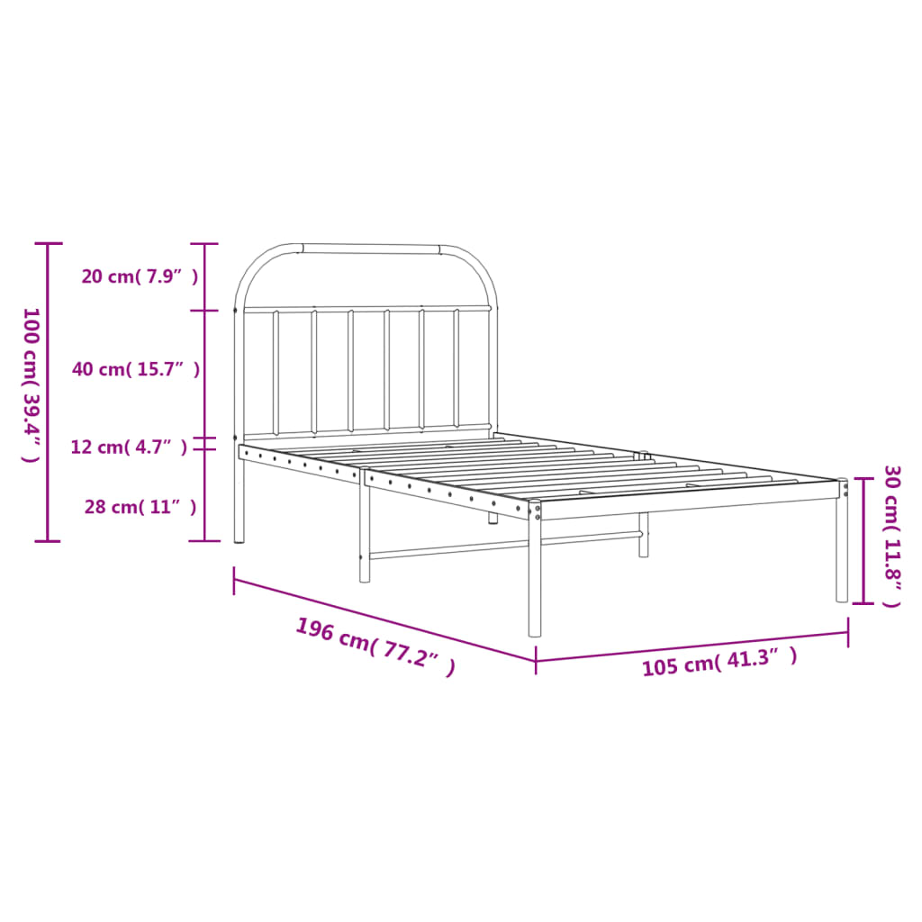 vidaXL Kovový rám postele s čelem bílý 100 x 190 cm