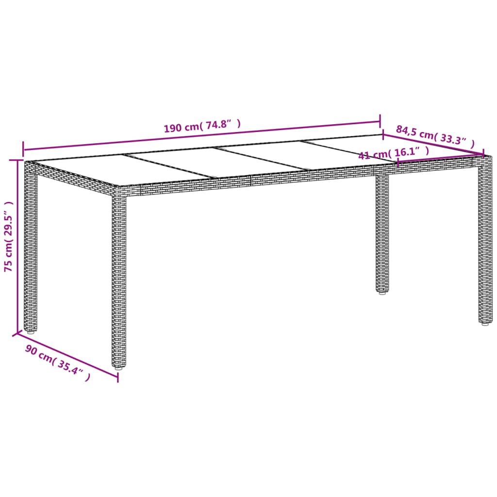 vidaXL Zahradní stůl se skleněnou deskou bílý 190x90x75 cm polyratan