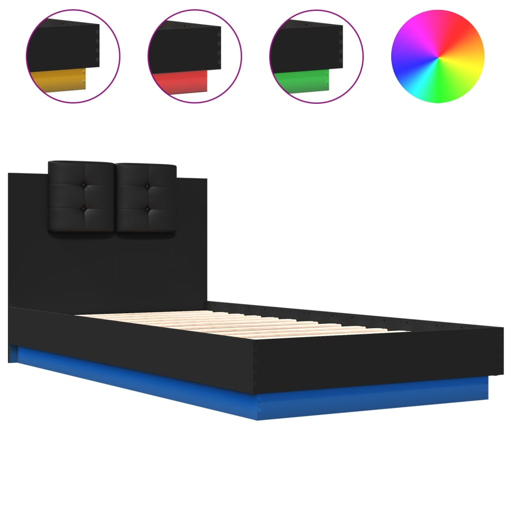 vidaXL Rám postele s čelem a LED osvětlením černý 75 x 190 cm