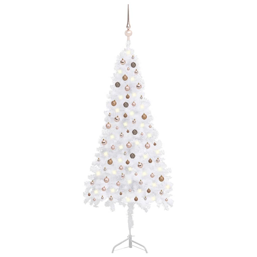 vidaXL Rohový umělý vánoční stromek LED a sada koulí bílý 240 cm PVC