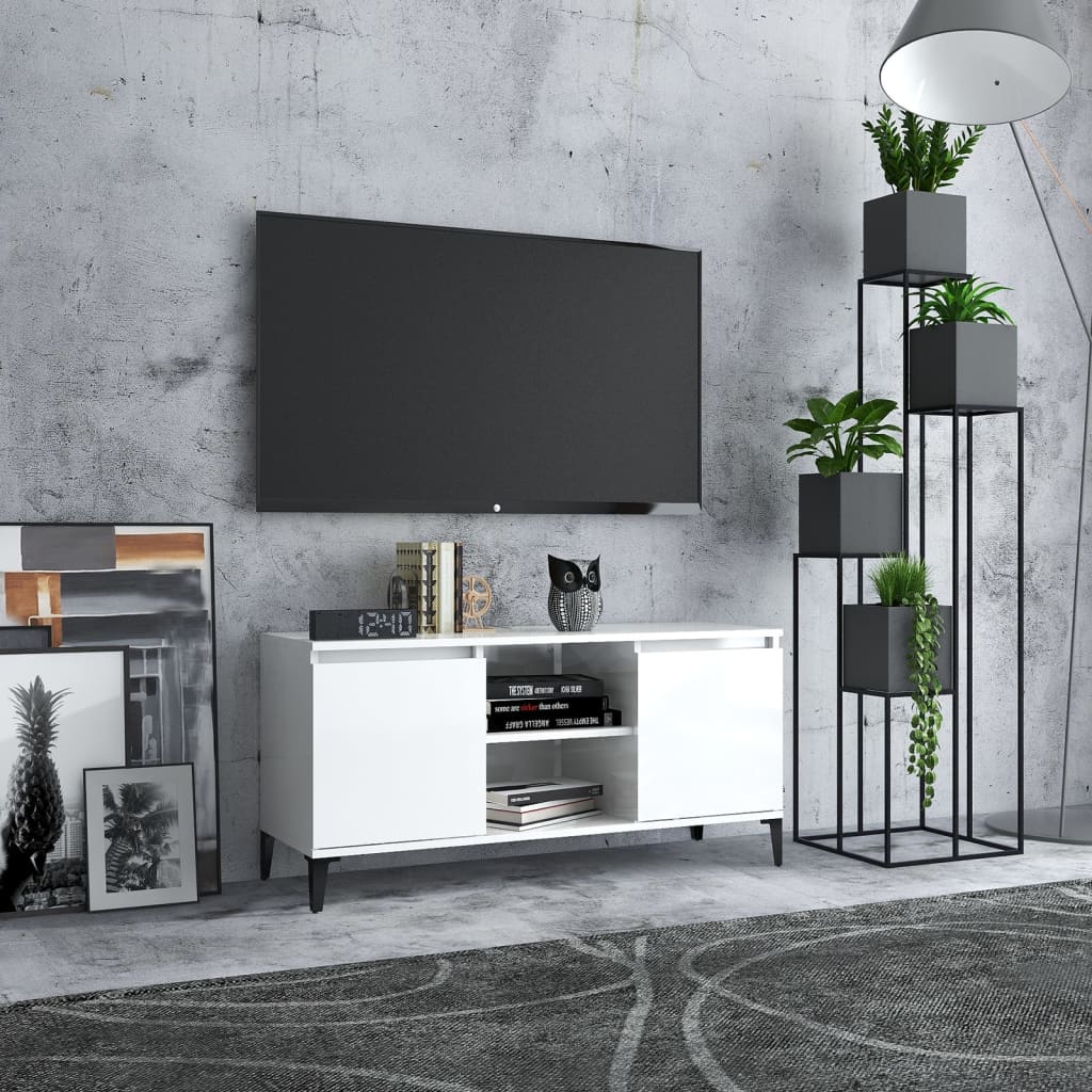 vidaXL TV stolek s kovovými nohami bílý vysoký lesk 103,5 x 35 x 50 cm