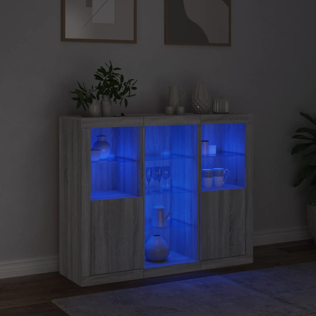 vidaXL Příborníky s LED osvětlením 3 ks šedé sonoma kompozitní dřevo
