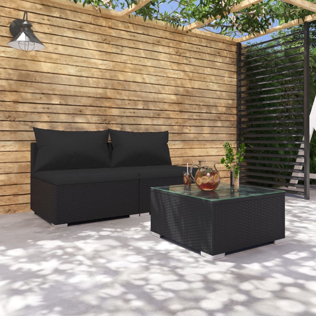 vidaXL 3dílná zahradní sedací souprava s poduškami polyratan černá