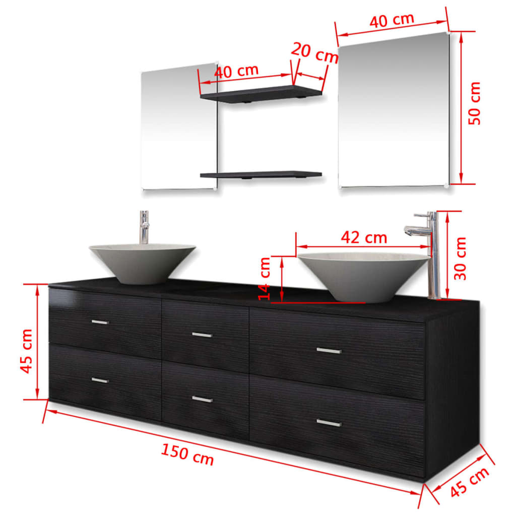 vidaXL 9dílný set koupelnového nábytku s umyvadlem a baterií černý