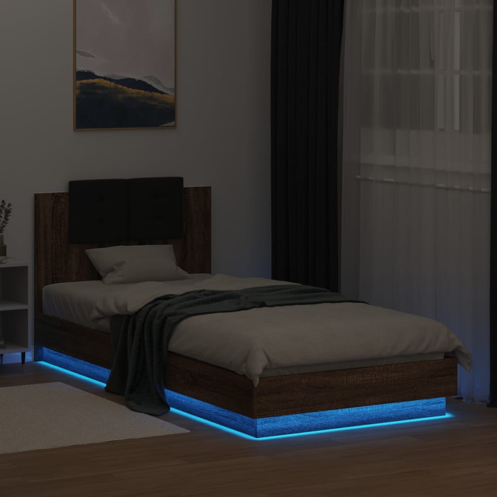 vidaXL Rám postele s čelem a LED osvětlením hnědý dub 90 x 200 cm