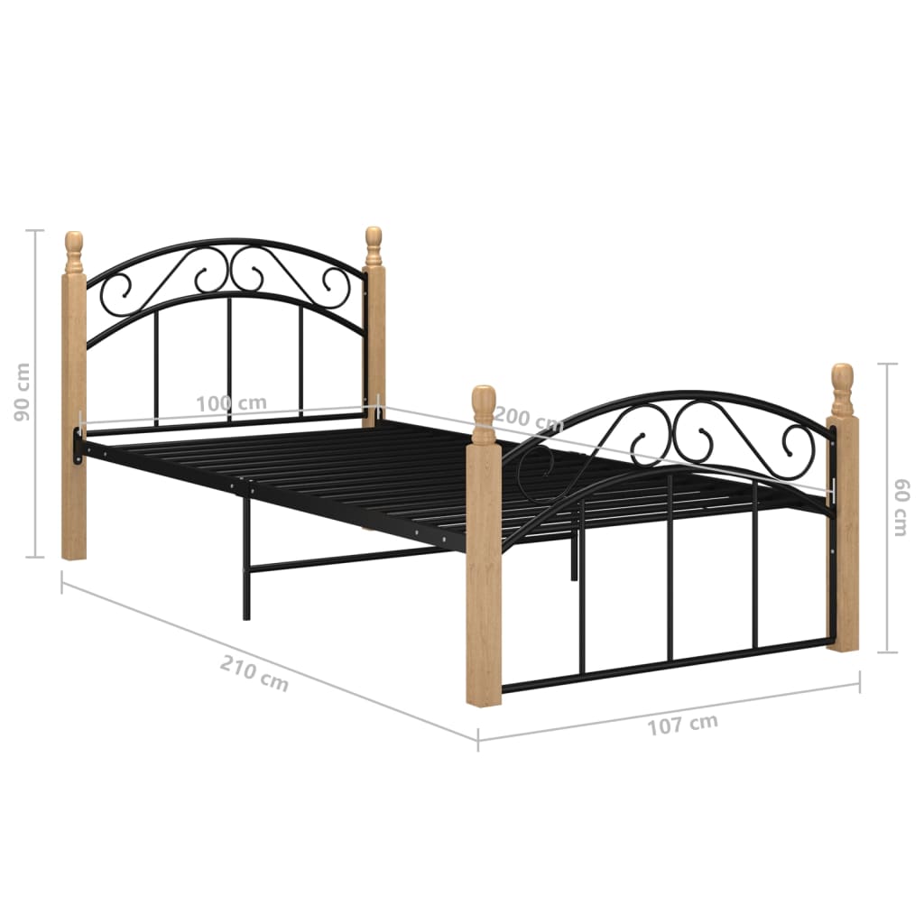 vidaXL Rám postele černý kov a masivní dubové dřevo 100 x 200 cm