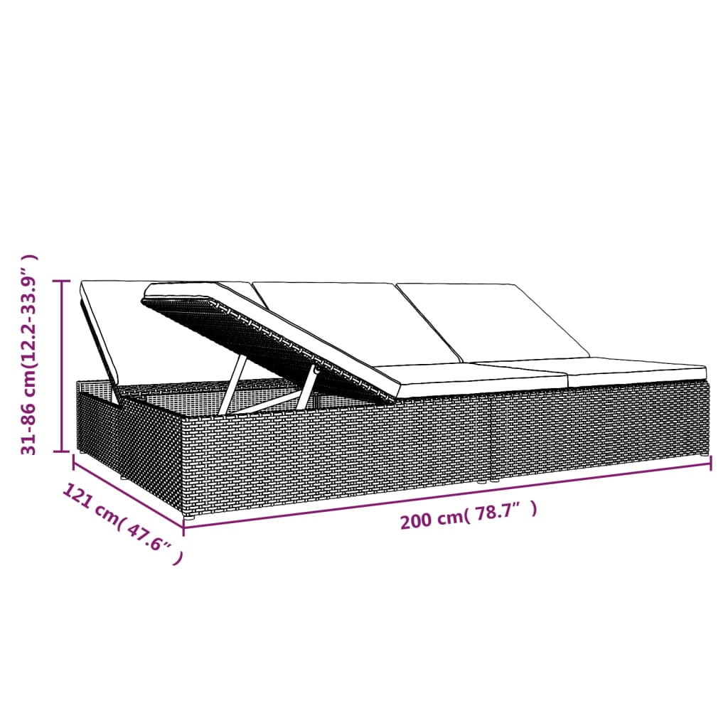 vidaXL Rozkládací opalovací lehátko s poduškami polyratan černé