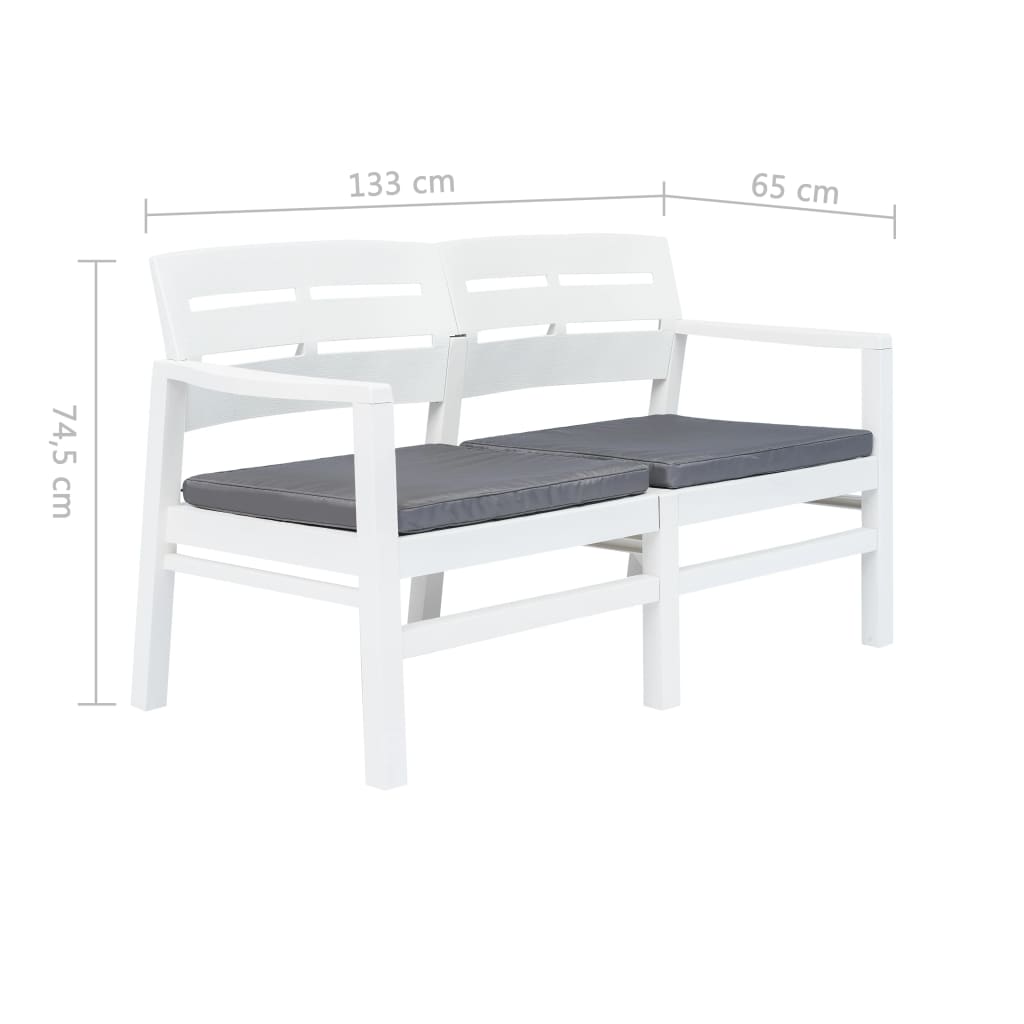 vidaXL 2místná zahradní lavice s poduškami bílá 133 cm plast