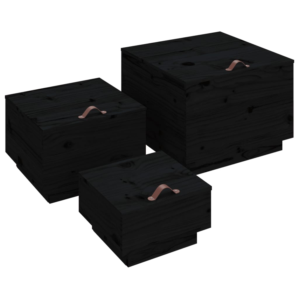 vidaXL Úložné boxy s víkem 3 ks černé masivní borové dřevo