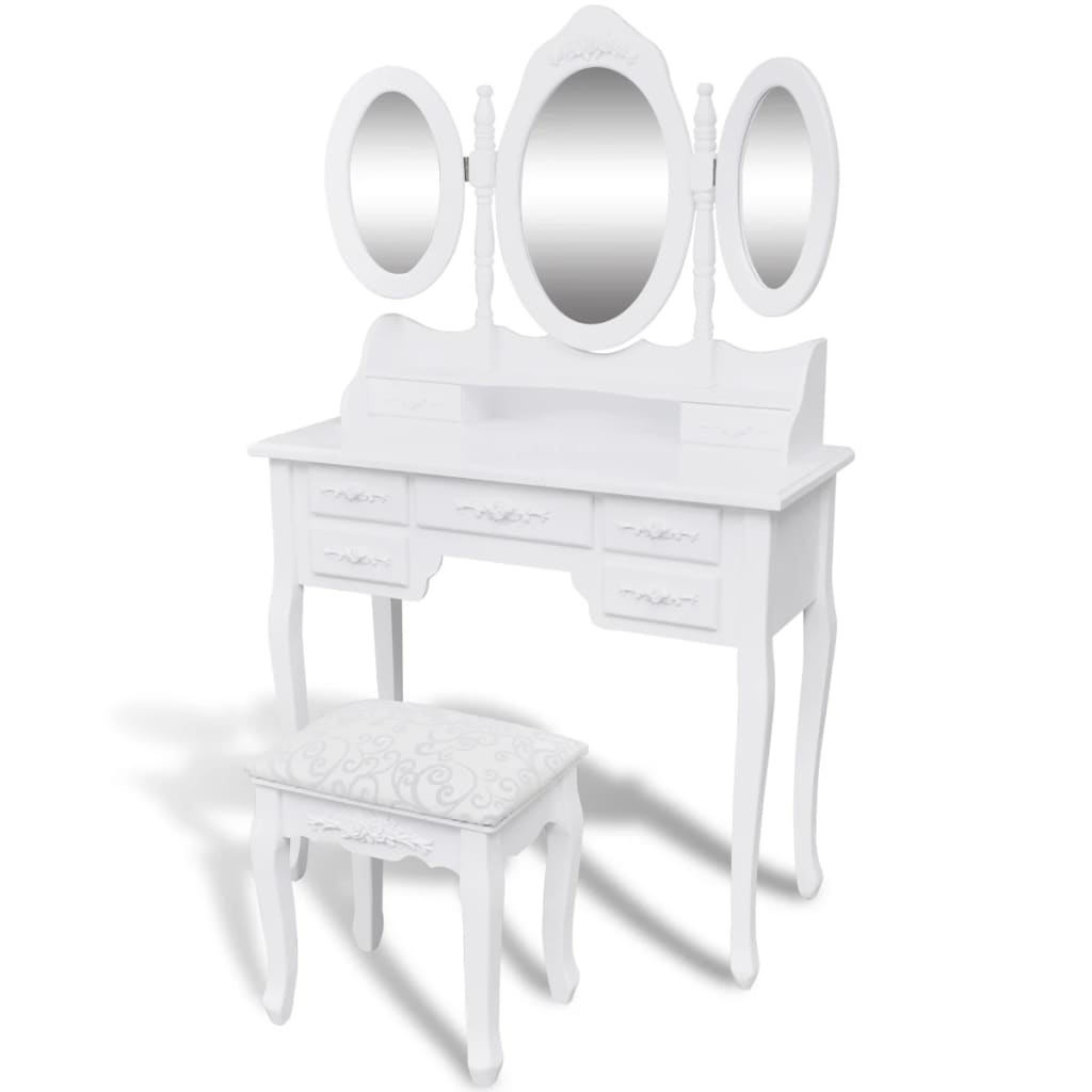 vidaXL Toaletní stolek se stoličkou a 3 zrcadly bílý