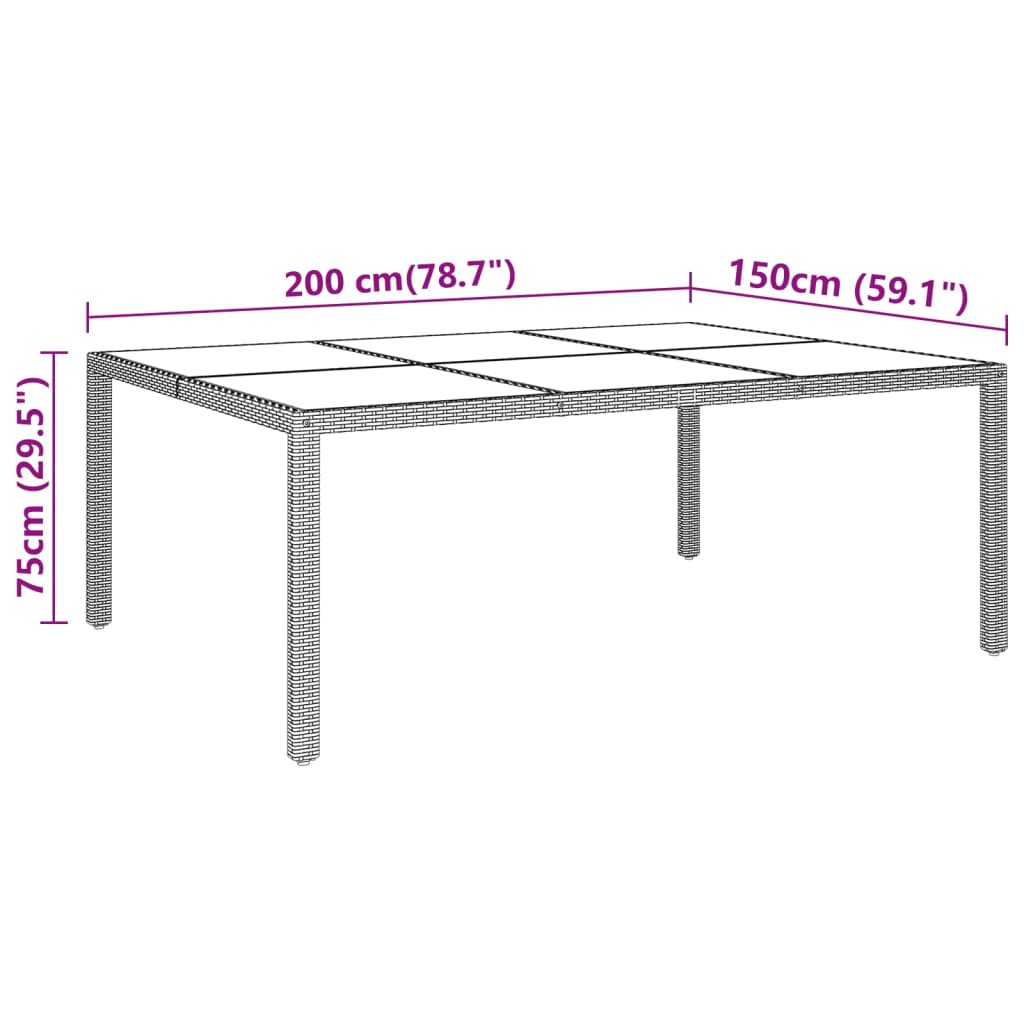 vidaXL Zahradní stůl se skleněnou deskou hnědý 200 x 150 x 75 cm ratan