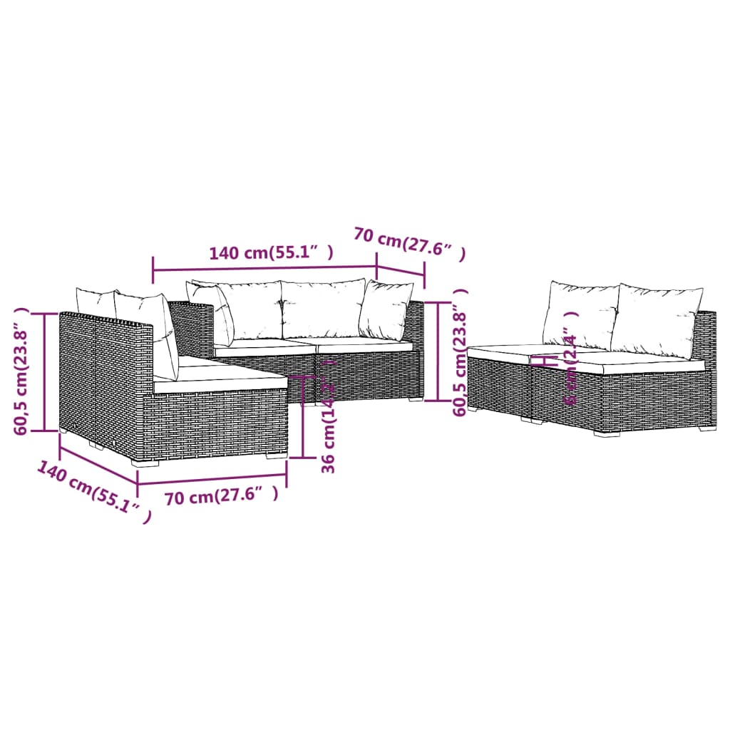 vidaXL 6dílná zahradní sedací souprava s poduškami polyratan černá