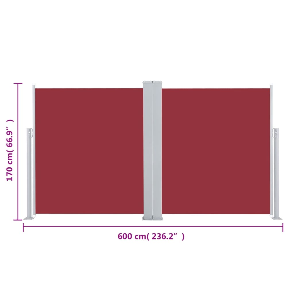 vidaXL Zatahovací boční markýza / zástěna 170 x 600 cm červená