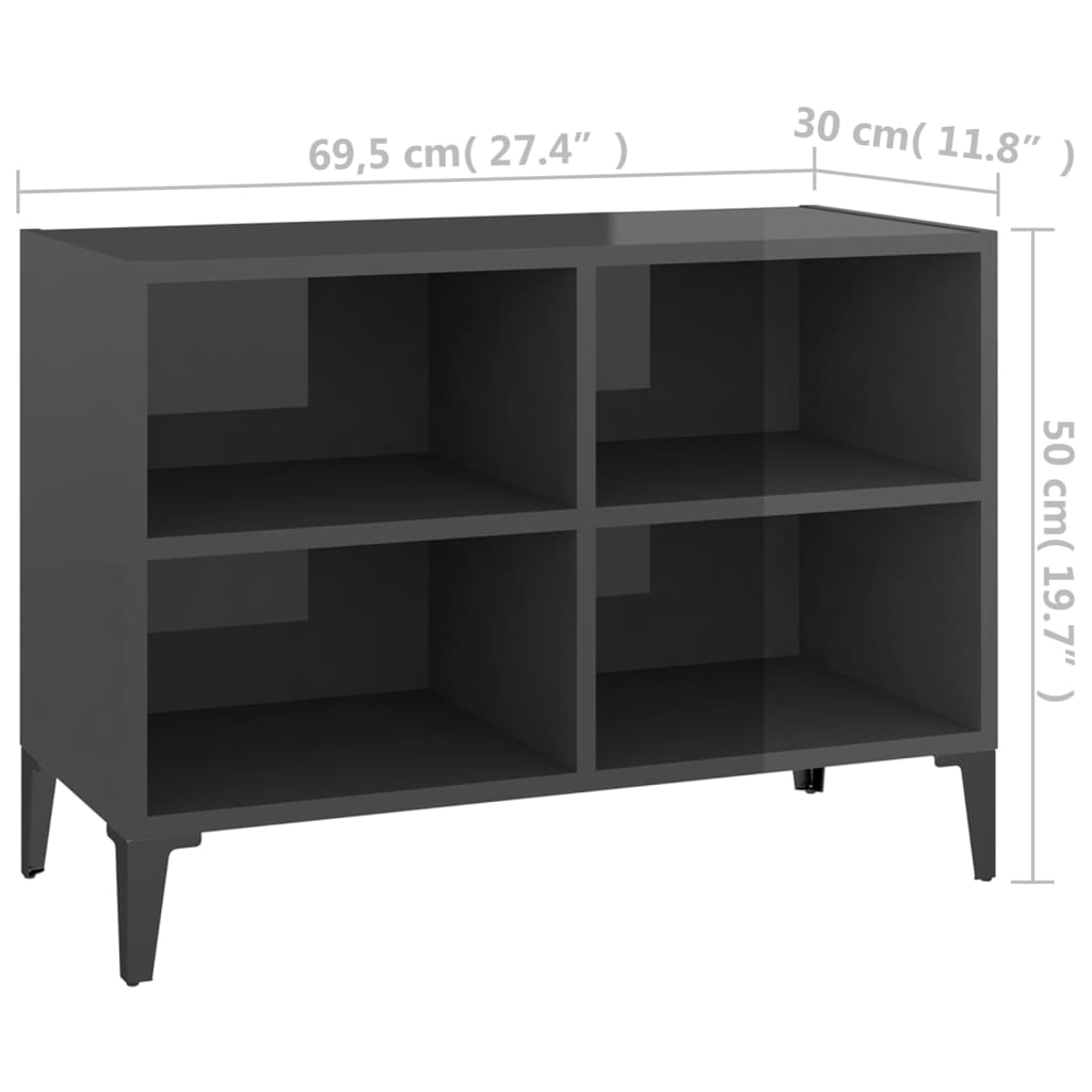 vidaXL TV stolek s kovovými nohami šedý vysoký lesk 69,5 x 30 x 50 cm