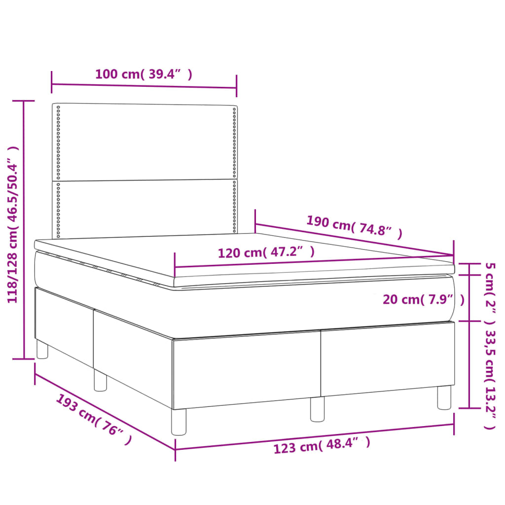 vidaXL Box spring postel s matrací a LED šedá 120 x 190 cm umělá kůže