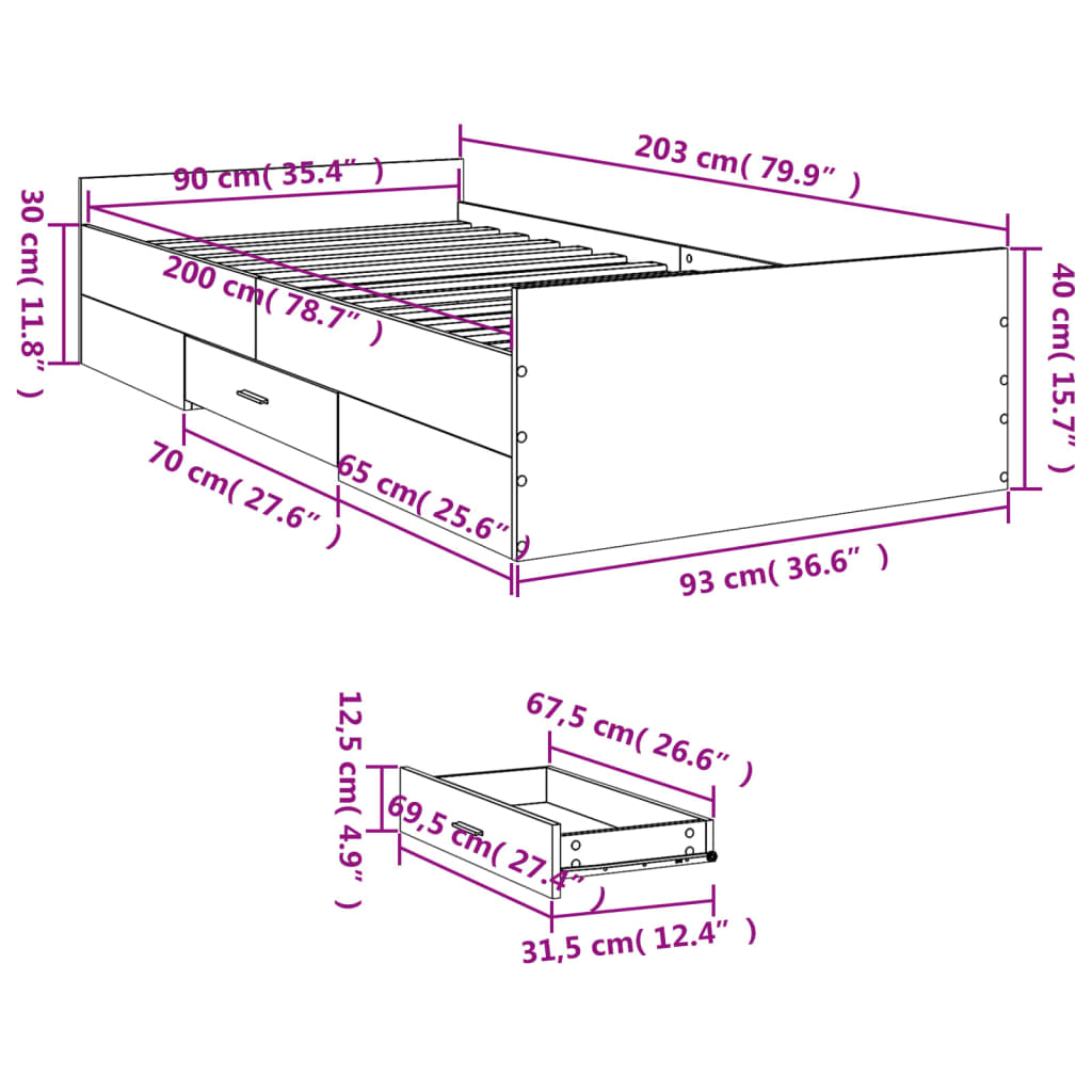 vidaXL Rám postele se zásuvkami černý 90 x 200 cm kompozitní dřevo