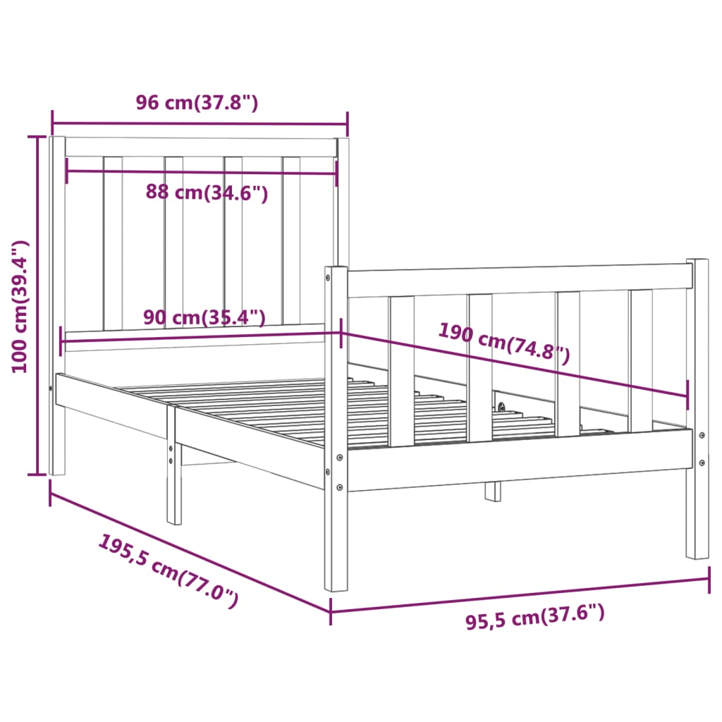 vidaXL Rám postele černý masivní dřevo 90 x 190 cm Single