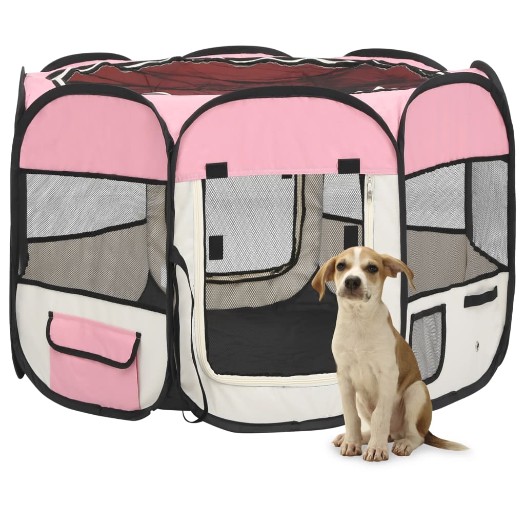 vidaXL Skládací ohrádka pro psy s taškou růžová 90 x 90 x 58 cm